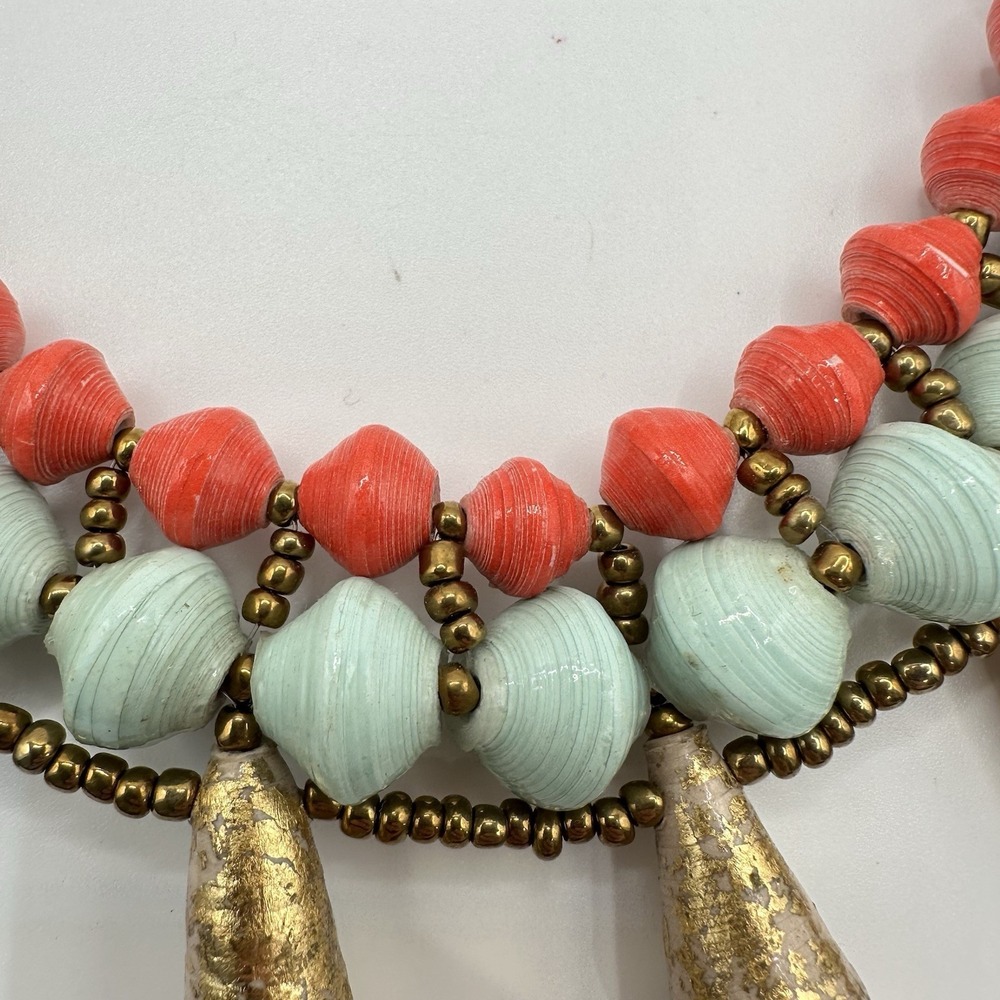 VTG Recycled Paper Bead Necklace Chunky Layered Coral‎ Mint Gold Tribal African - Picture 4 of 8